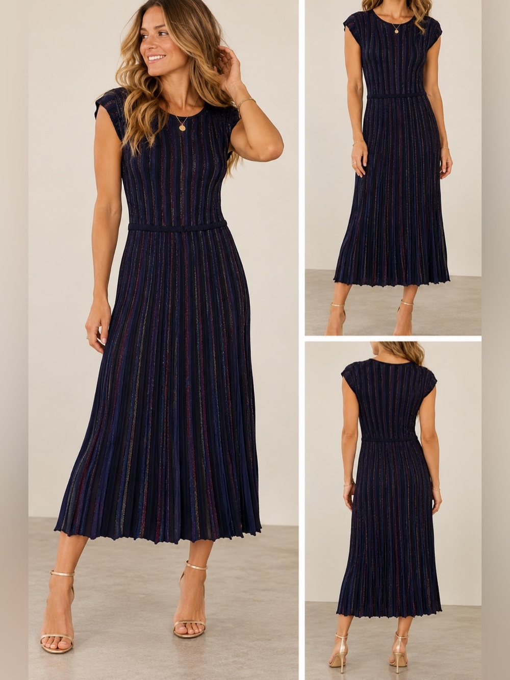 Marine Layer Penny Pleated Midi Dress Rainbow Lurex Sweater Knit Size XL